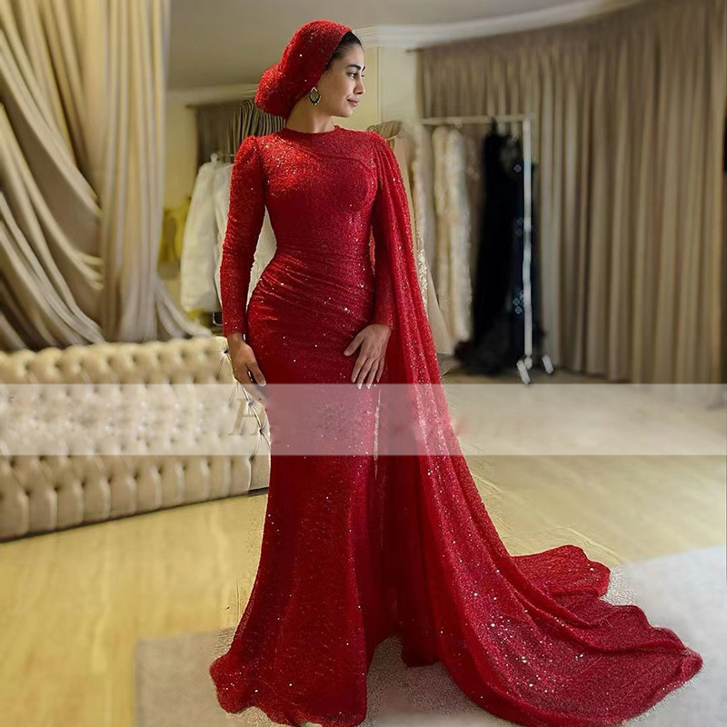 

Shiny Red Sequin Muslim Evening Dresses Middle Eastern Arab Evening Gown With Cape High Neck Long Sleeve Vestidos De Noche, Light sky blue