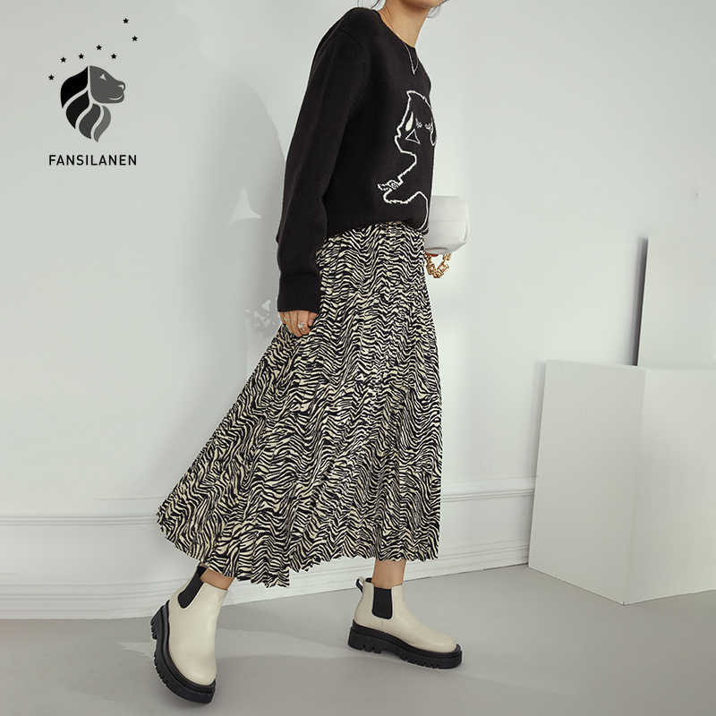 

FANSILANEN High waist zebra print striped pleated skirt Women autumn winter elegant long Female streetwear vintage 210607