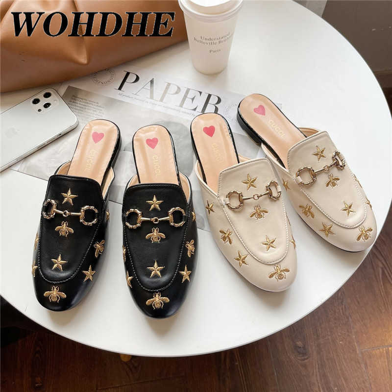 

Embroidered Bee Mules Shoes Metal Buckle Leather Slip on Flats Women Comfortable Beauty Half Slipper Snug Shoes, Black