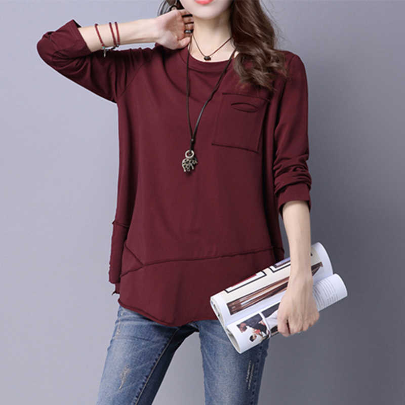 

Simple Style Women Spring Autumn T Shirts Lady Casual Loose O-Neck Tees Shirt Tops with Pocket DF2049 210609, Black