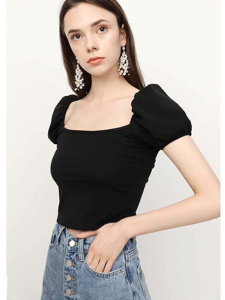 

LY VAREY LIN Summer Women Avocado Green Cotton T Shirt Vintage Square Collar Long Lantern Sleeve Sexy Solid Crop Tops 210526, Red