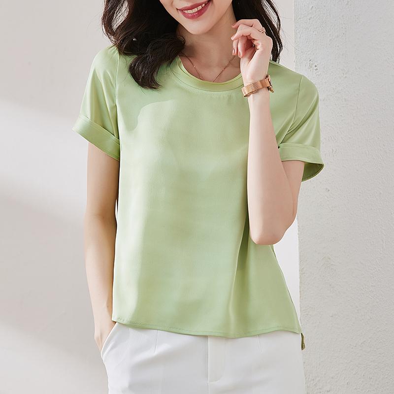 

The Satin Round Neck Simplicity All-match Women's T-shirt Solid Color Casual Elegant Short SleeveTops For Womens, Green