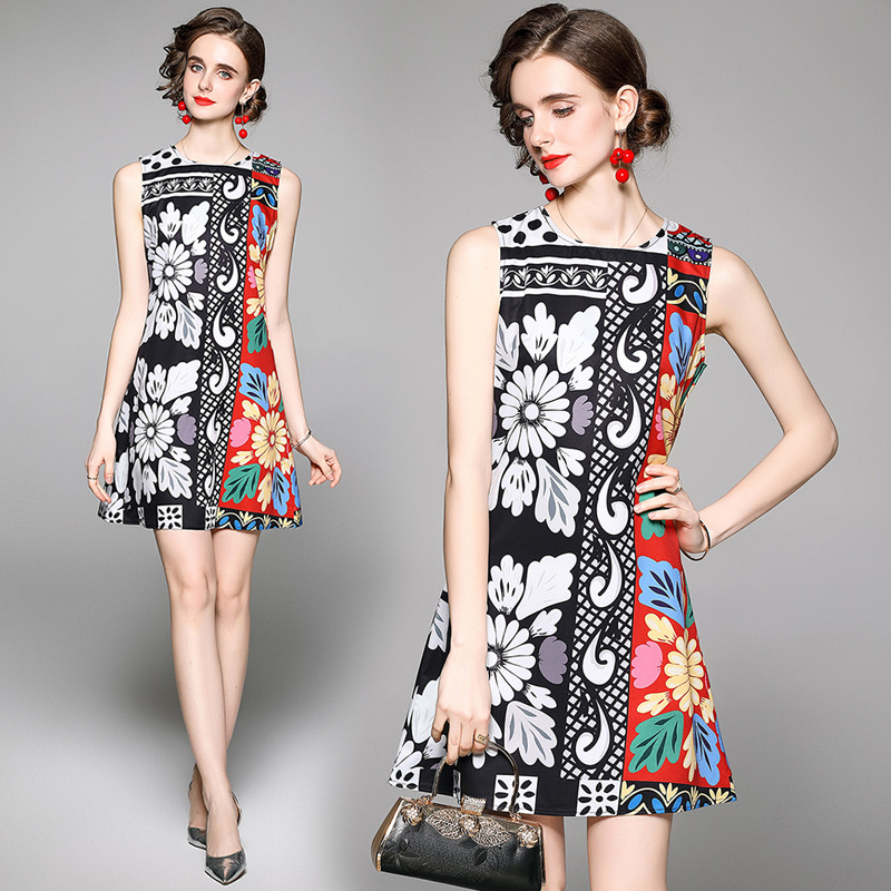 

European women's clothing, and American fashion, all-match waist, slimming, positioning printing vest French dress 210525, Photo color