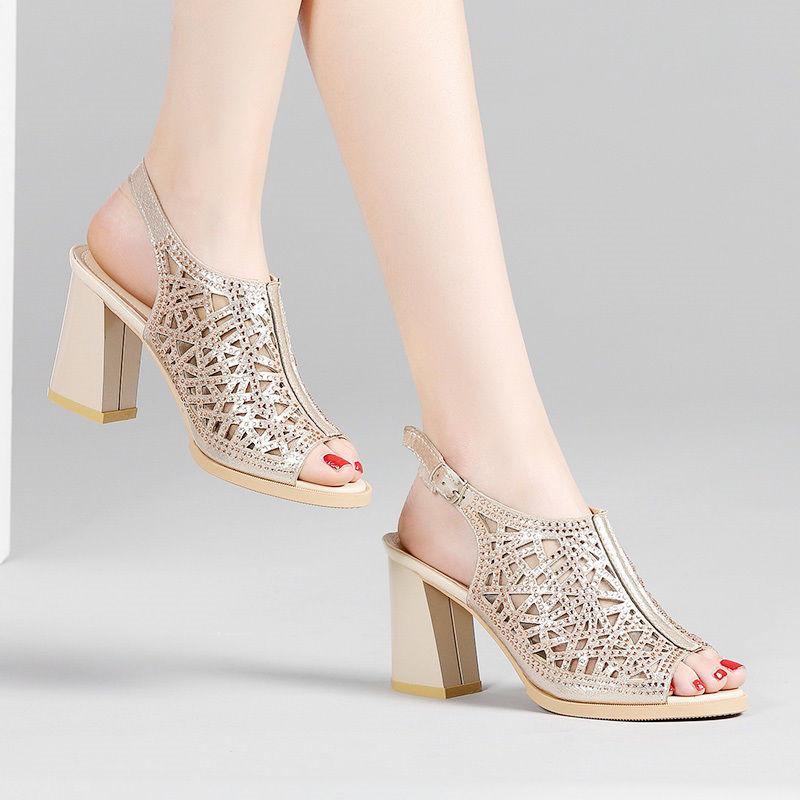 

Sandals Summer Women Sexy Peep Toe High Heels Mesh Hollow Out Pumps Woman Fashion Crystal Back Strap Party Shoes, Champagne