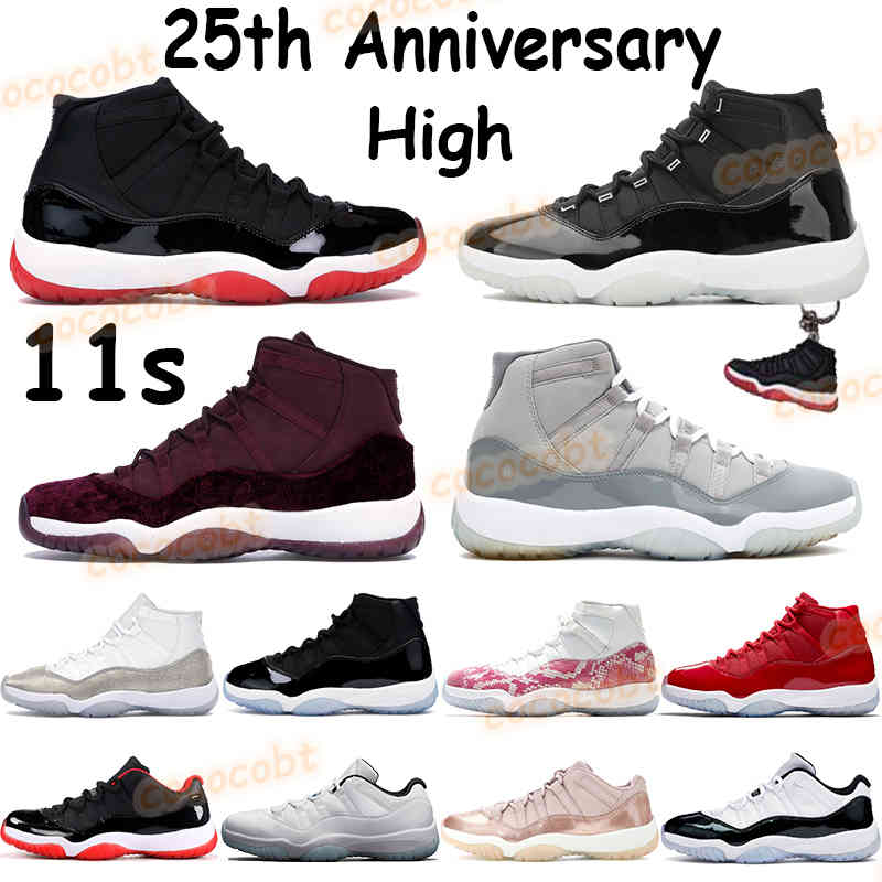

11 New 11s Mens Basketball Shoes 25th Anniversary Bred Heiress Night Maroon Concord 45 Cool Grey Low Legend Blue Cherry Women Sneakers, 13. platinum tint