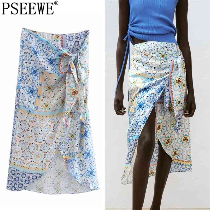 

Women Skirt Blue Patchwork Wrap Long s Woman High Waist Midi Summer Fashion Knot Slit Elegant s 210519