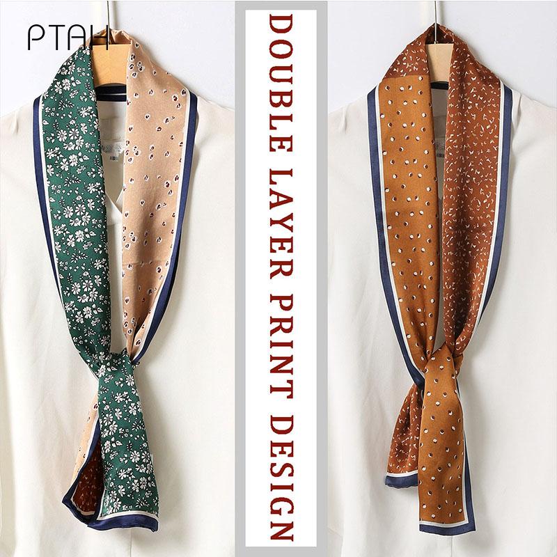

Scarves [PTAH] Autumn Silk Women Temperament 100% Mulberry Length Neckerchief Soft Ladies High Quality 145*16cm, Blue;gray