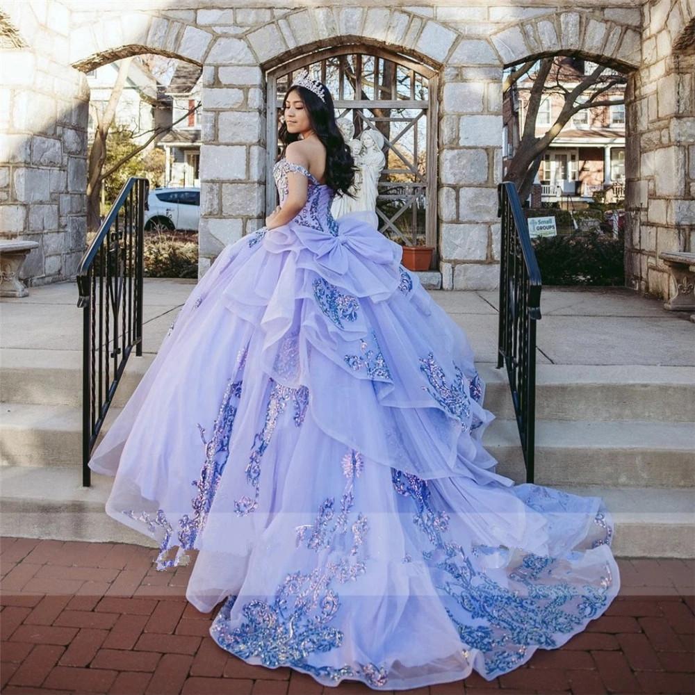 

Princess Lilac Quinceanera Dresses Off The Shoulder Appliques Sequins Bow Long Train Sweet 16 Dress Ball Gown Brithday Prom Party Gowns Vestidos De 15 Años, Water melon