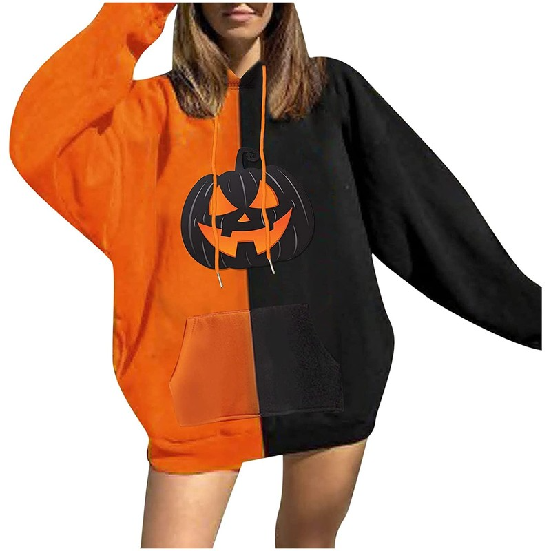 

Blackhead pattern comfortable women' hoodie Halloween pattern sweatshirt color block orange and black patchwork sweatshirt long sleeve pumpkin pullover
