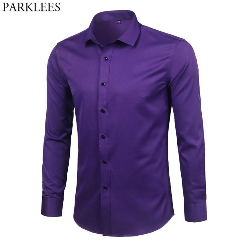 

Purple Men's Bamboo Fiber Dress Shirt Brand Slim Fit Long Sleeve Chemise Homme Non Iron Easy Care Formal For Men 210721, Light violet