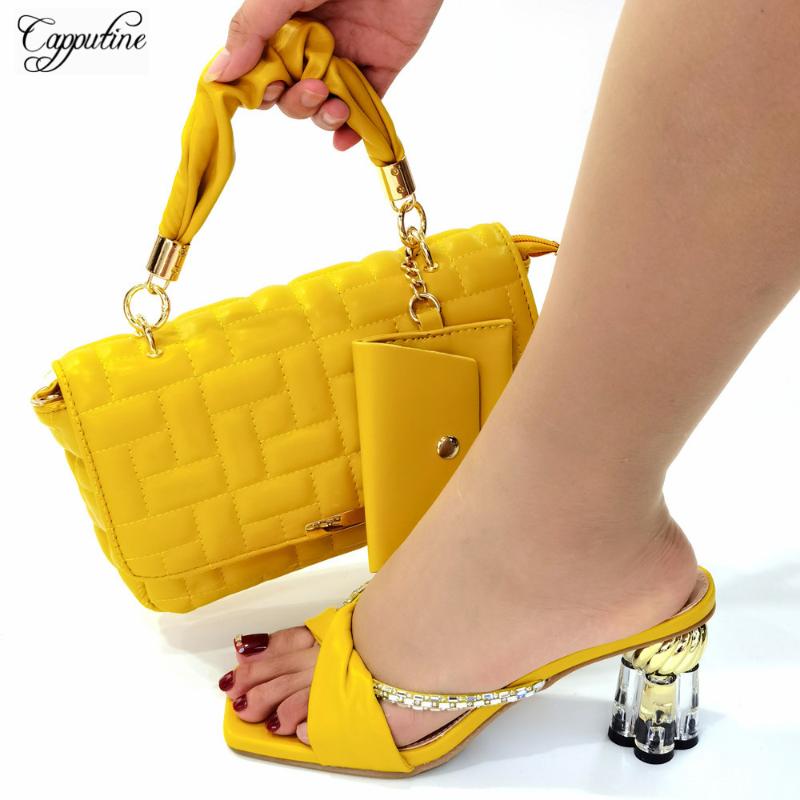 

Dress Shoes And Bags Set Yellow African Matching High Heels Women Sandals With Handbags Purse Summer Italian Design Pumps CR8039 7CM, Black