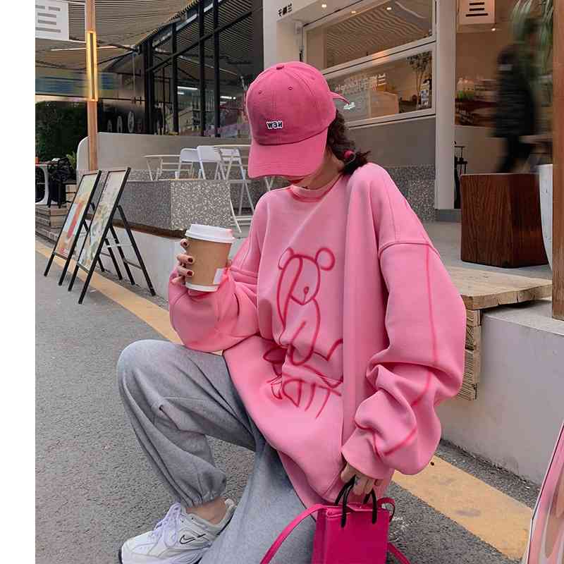 

Pink Bear sweater women' spring 2021 new loose Korean small man ins fashion brand top, Pink without plush