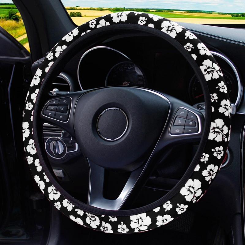 

Steering Wheel Covers Cute Flower Print Universal Cover Car Interior Decoration Without Inner Ring Elastic For Women