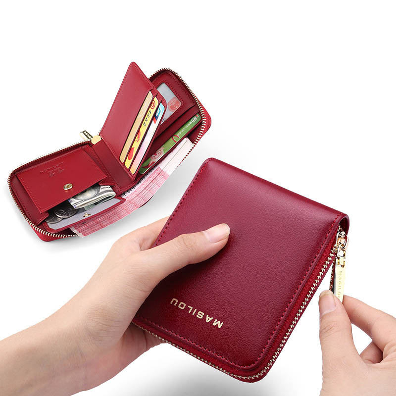 

Female Coin Purse Wallet Zipper Genuine Leather Women Wallet Anti Theft Money Bag Business Card Holder Fashion, Wine red