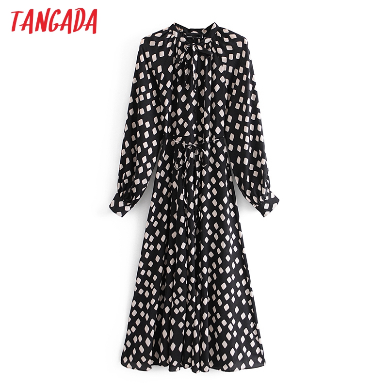 

Tangada 2021 Spring Fashion Women Geometry Print Bow Tie Shirt Dress Long Sleeve Office Ladies Midi Dress With Slash 3A61, Black