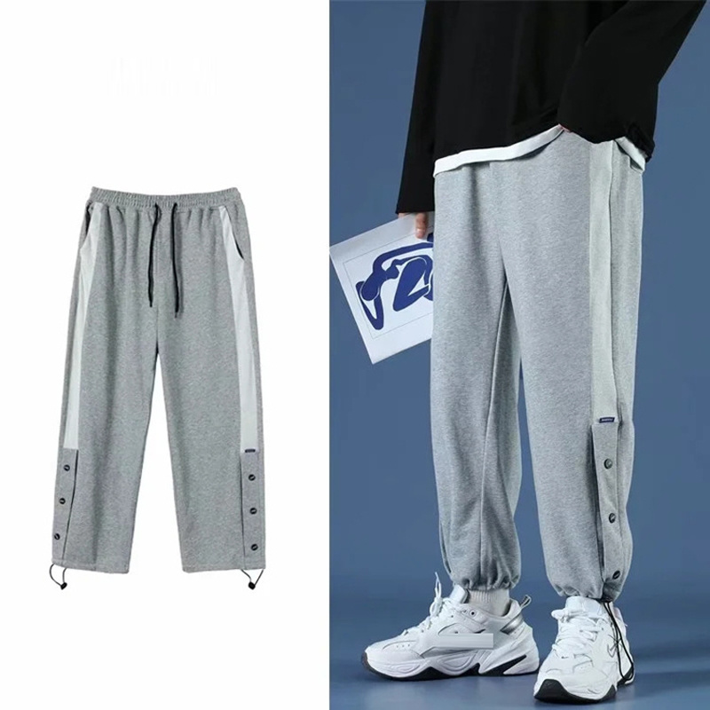 

QNPQYX Autumn Men joggers sweatpants Solid Color Sports Pants Men Trendy Loose Straight Leg Multi-button Beamed Casual Trousers, Black