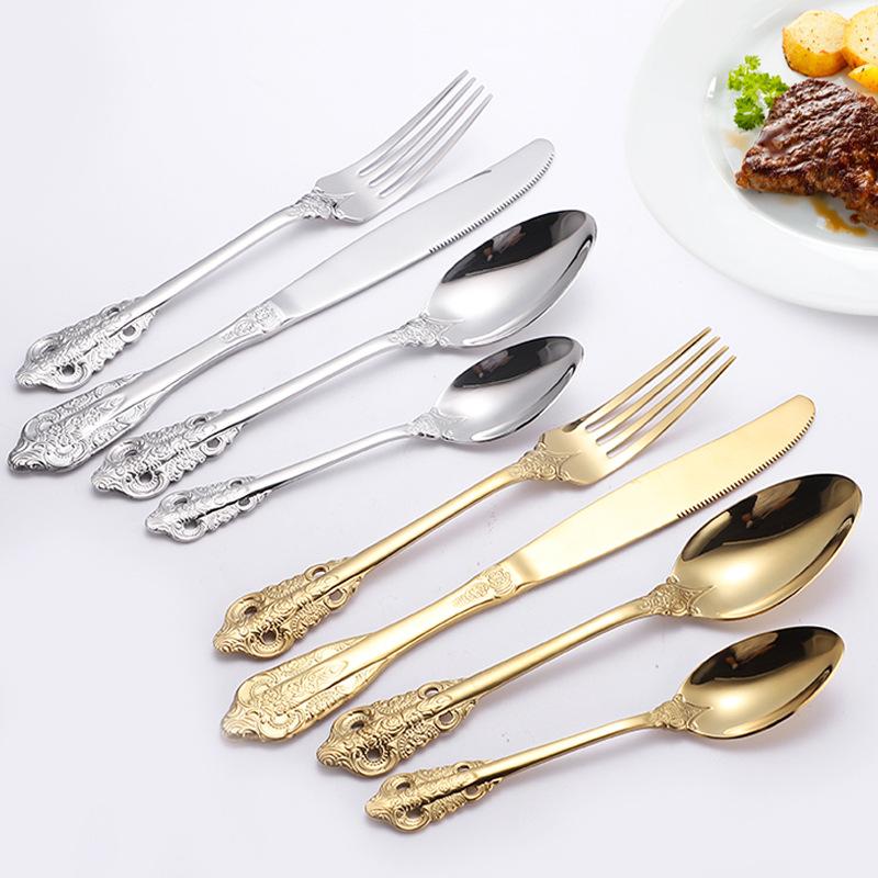 

Dinnerware Sets 4pcs/set Baroque Style Royal Cutlery Set Gold Luxury Stainless Steel Knife Fork Spoon Tableware For Wedding Gift