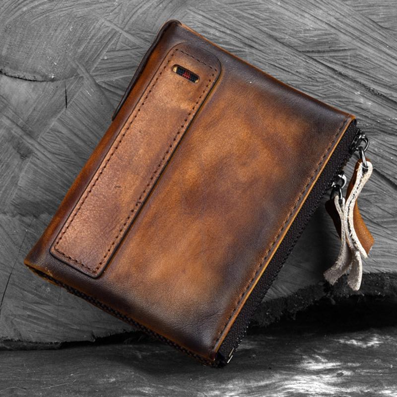 

Wallets Men Wallet Genuine Leather Small Luxury Purse For Male Handmade Casual Men's Short Retro Cowhide Double Zipper Purses, Blue