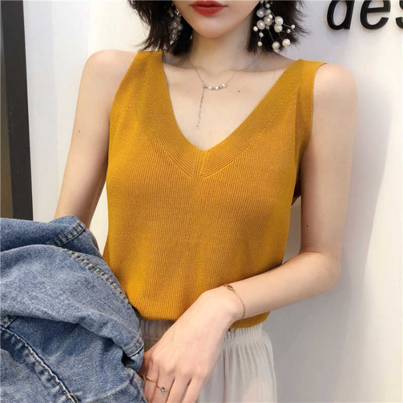 

Summer Basic Knitted Vests Women Tops V-neck Solid Sleeveless Tank Female Casual Knit Shirt Woman Pink Korea Femme 13691 210527, White