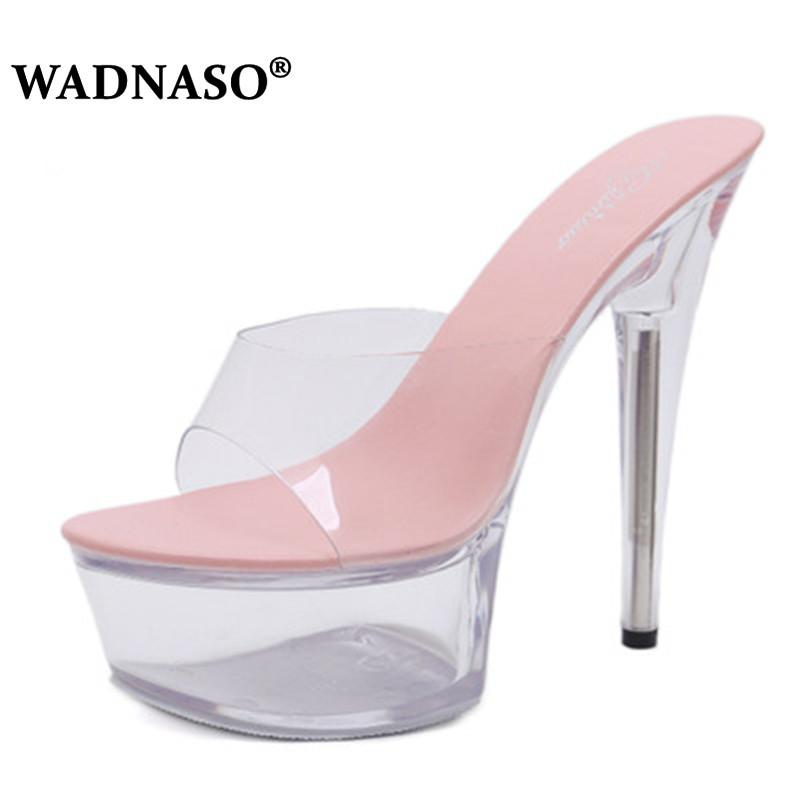 

Slippers WADNASO High Quality Shoes Woman High-heeled 15cm SlidesTransparent Bottom Thin Heels Platforms Model Catwalk Eu 34-43, Black