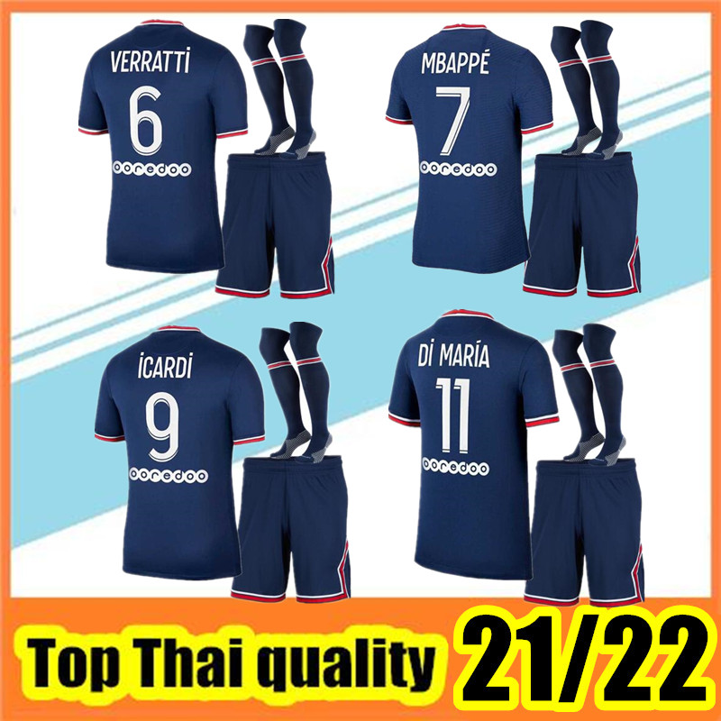 

MBAPPE Soccer Jerseys 21 22 Maillots De Football Shirts 2021 2022 MARQUINHOS VERRATTI KIMPEMBE Men Kit + Socks Uniforms, 21-22 home