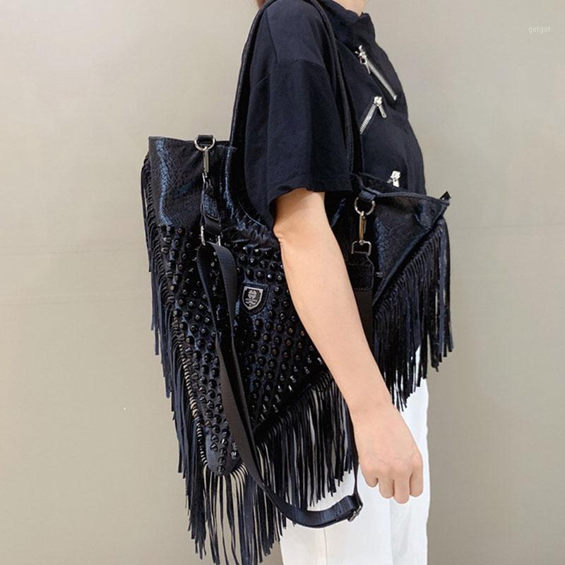 

Evening Bags Luxury Designer Brand Women Handbag Fashion Tassel Leather Shoulder Bag Rivet Vintage Female Travel Shopper Tote Large Purse, Black
