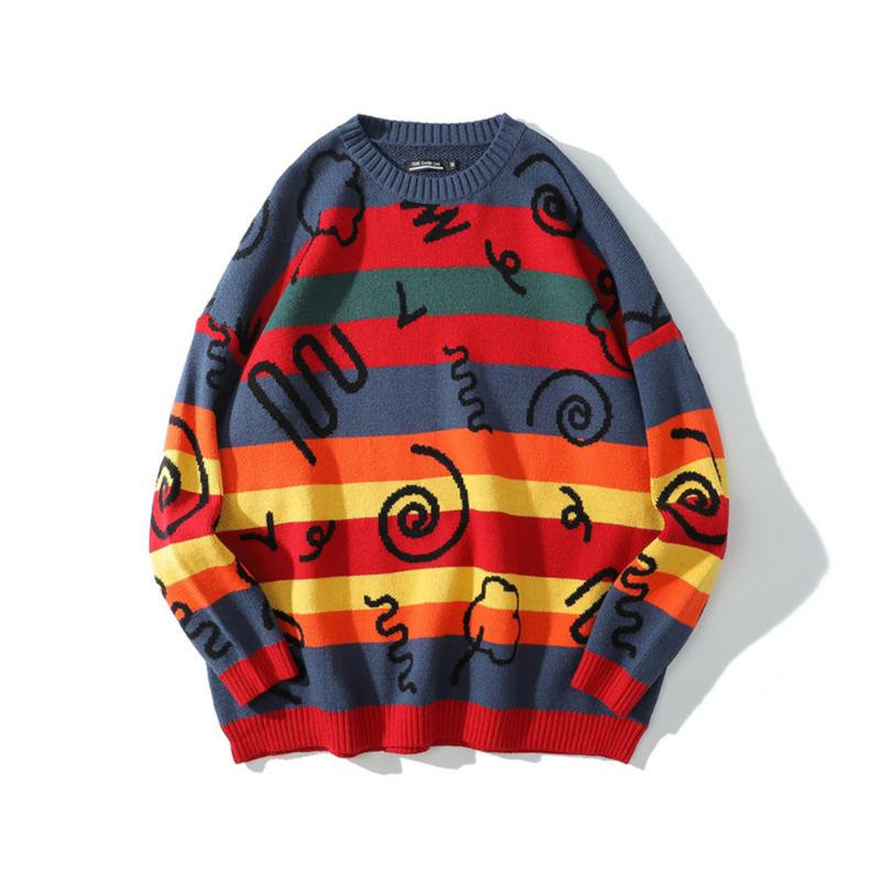 

Men's Sweaters Harajuku Men Sweater Contrast Stripe Knitted Pullovers Korean Streetwear Hip Hop Retro Cotton Knitwear Winter Couples, Multi