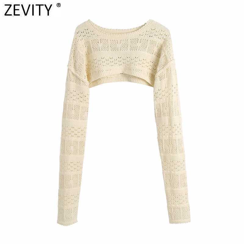 

Zevity Women High Street Solid Hollow Out Crochet Loose Knitting Sweater Female Long Sleeve Chic Pullovers Crop Tops SW819 210603, As pic sw819bb