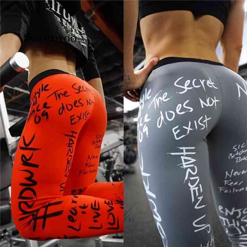 

fashion letter print leggings women slim fitness high waist elastic workout leggings gym sport running europe size, Black