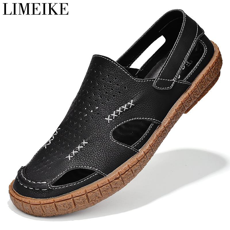 

Sandals LIMEIKE Summer Men's Genuine Leather Business Casual Shoes Breathable Design Outdoor Beach, Black