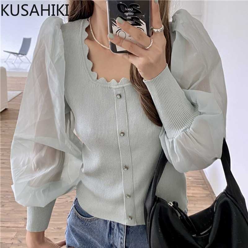 

Summer Sun Protection Knitwear Elegant Patchwork Puff Sleeve Pullovers Korean Square Collar Knitted Tops 6H415 210603, Green