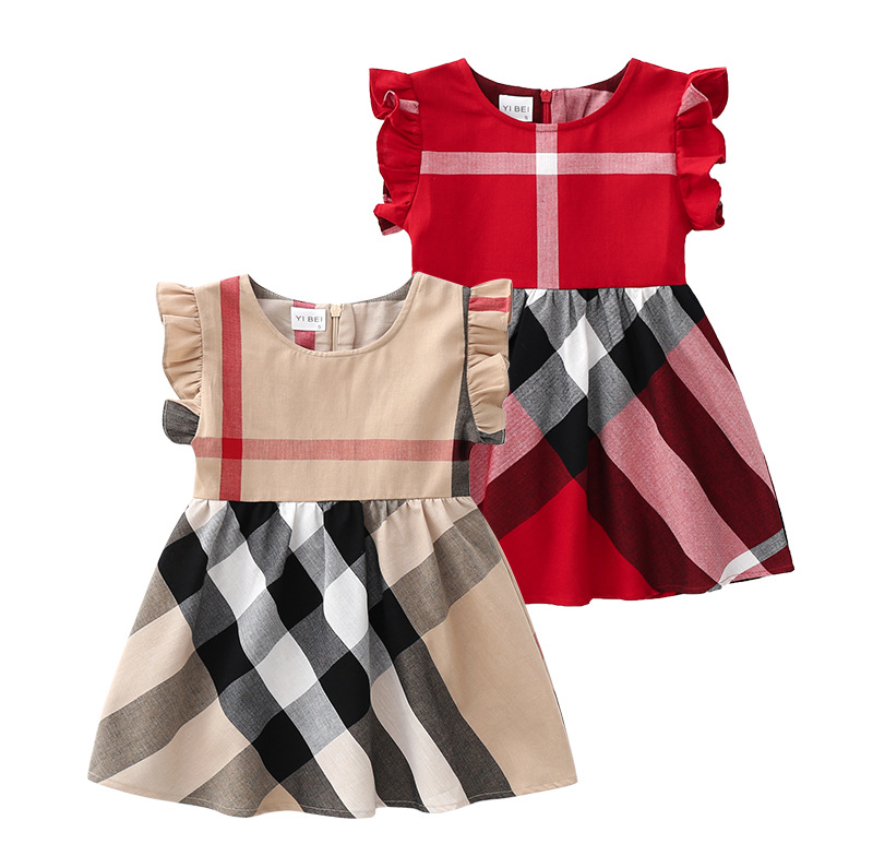 

Summer Baby Girls Princess Dress Kids Sleeveless Vest Dress Cotton Children Plaid Skirts Girl Skirt 1-7 Years, Red