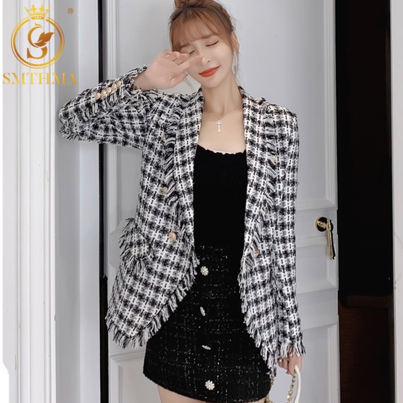 

High Quality Fashion Designer Tassel Jacket Coat Women's Double-Breasted Plaid Tweed 210520, Photo color