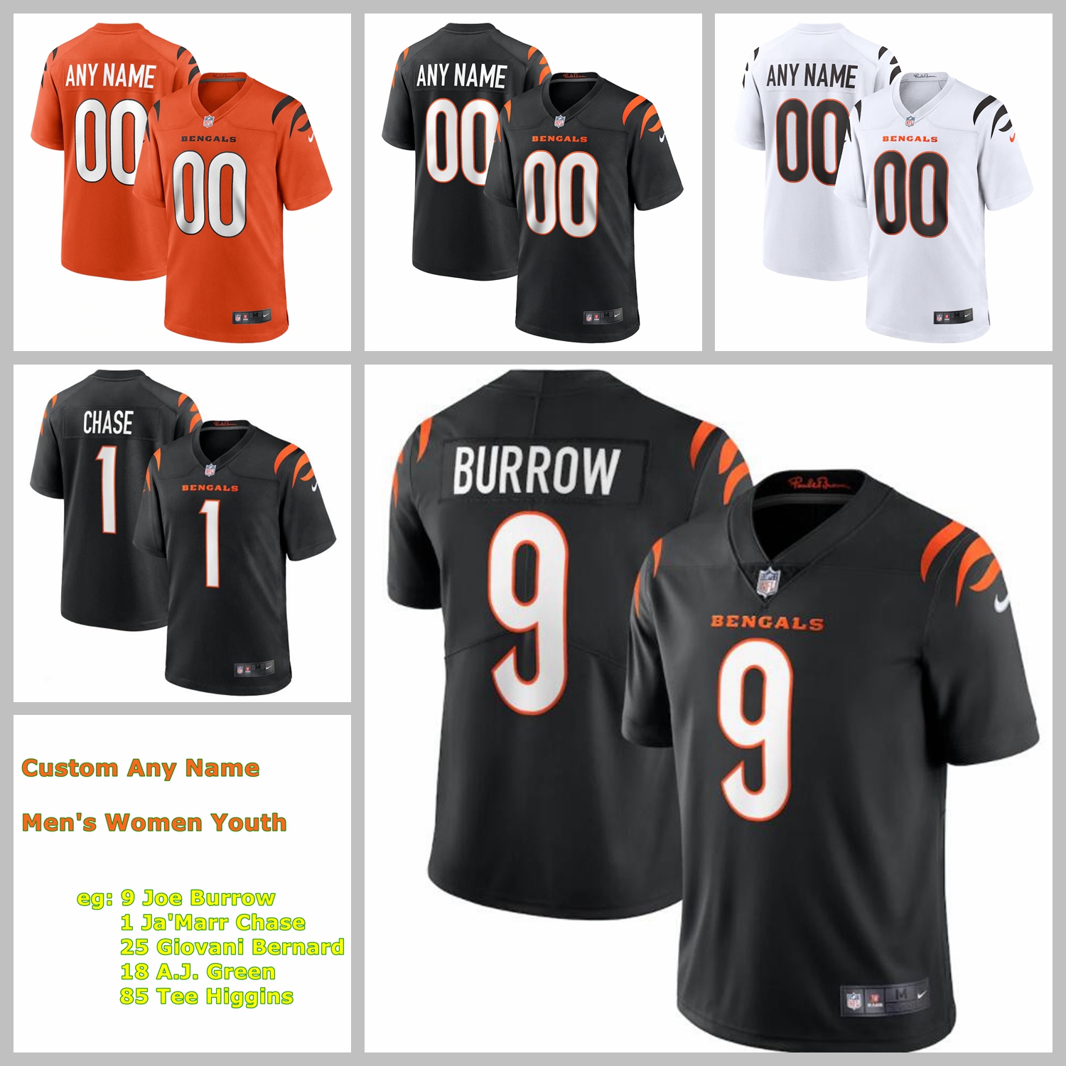 

2021 American Football Jerseys Cincinnati Bengals Custom Jersey Sam Hubbard Tyler Boyd Joe Mixon Andy Dalton Tee Higgins A.J. Green Ja'Marr Chase Stitched Size S-XXXL, As photo