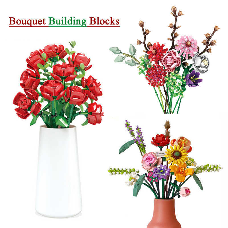 

Romantic Rose Bouquet Building Block Valentine's Day Girl Gift Home Flower Plant Bonsai Decoration DIY Toy Building Block No Box Q0823