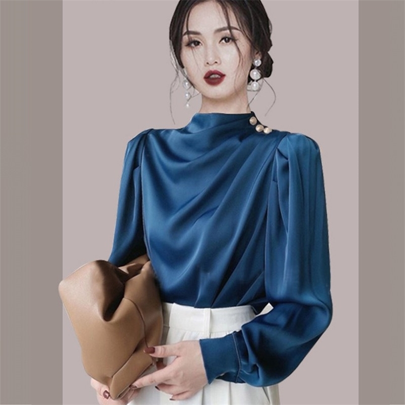 

Vintage Long Sleeve Shirts Tops Ladies Elegant Korean Office OL Fashion Chic Button Satin Casual Shirt Blouse Women Spring 210519, Blue
