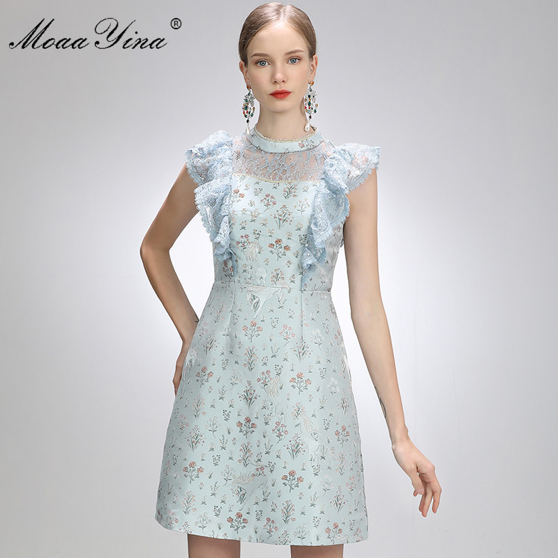 

Fashion Designer Dress Summer Women's dress Beaded Stand collar Lace Sequins Ruffles Floral-Print Short Dresses 210524, Lake blue
