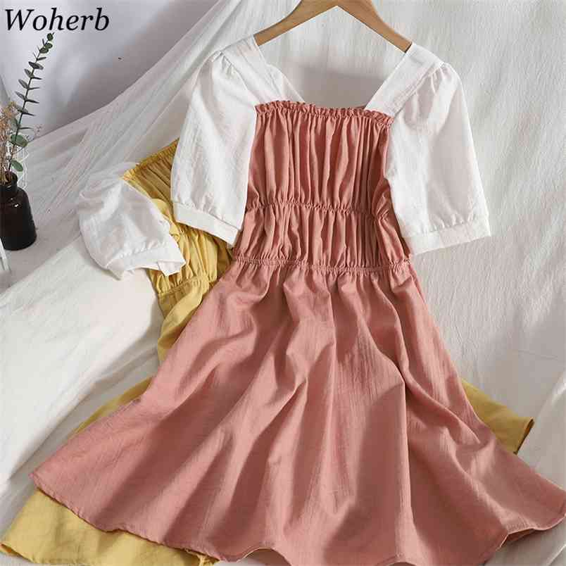 

Pleated Slim Waist Dress Women Contrast Color Patchwork Short Sleeve Vestidos Korean Robe Square Neck Sweet Midi Dresses 210519, Blue