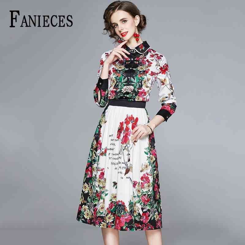 

Spring Autumn Designer Runway set Women Fashion Vintage Print Long Sleeve Tops Blouse Shirt and Skirts 2 Two Piece Sets Suits 210520, V25-8870