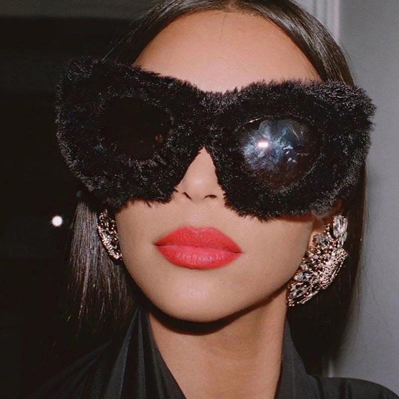 

Sunglasses 2022 Luxury Cat Eye Kardashan Women Punk Soft Fur Velvet Sun Glasses Ladies UV400 Shade Handmade Eyewear Gafas De Sol, White;black