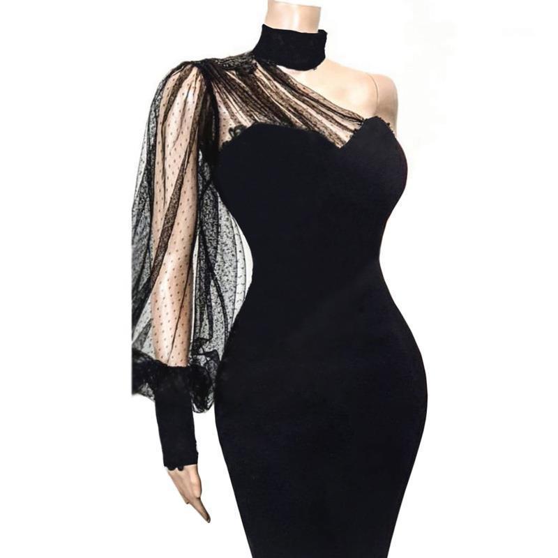 

women dresses one shoulder slope long sleeve dress black mesh patchwork party transparent vestido bodycon event backless celebrate, Black;gray