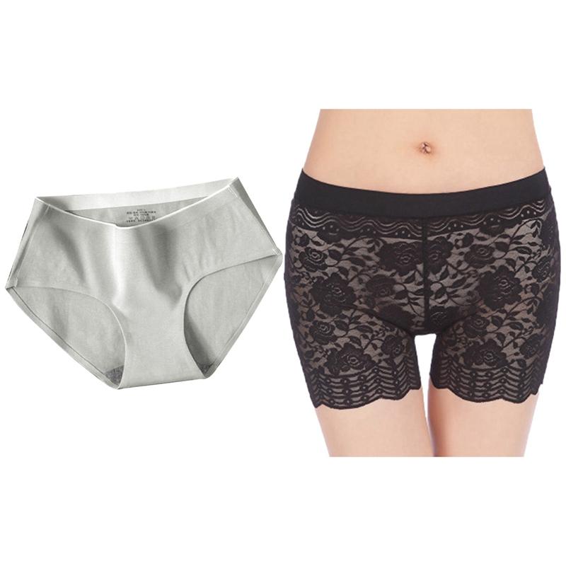 

Women's Shorts 1 Pcs Seamless Cotton Mid-Waist Breathable Briefs Gray XL Size & Lace Pattern Hollow Waist Three-Point Leggings, Black
