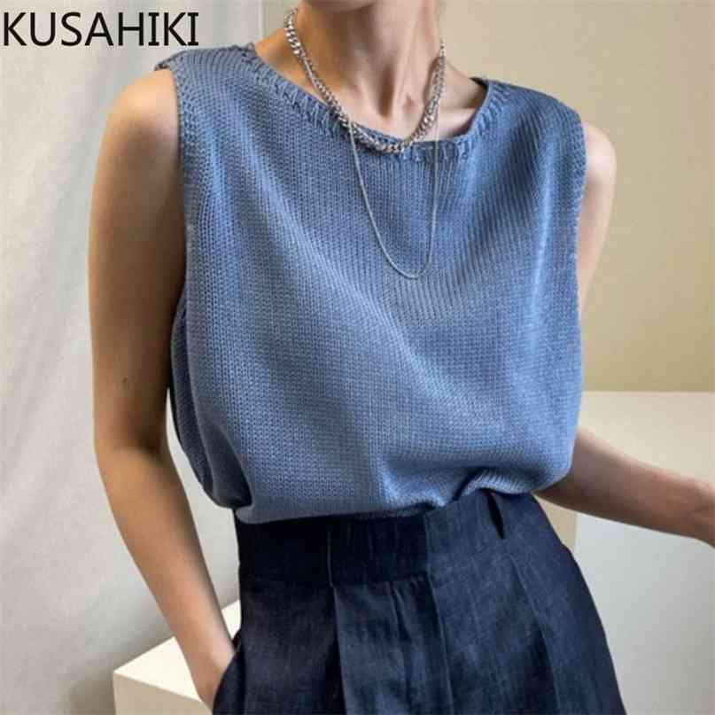 

Knitted Sleeveless O-neck Vest Summer Solid Pullover Tops Women Chic Korean Tanks Causal Vests Female 6J684 210603, Blue