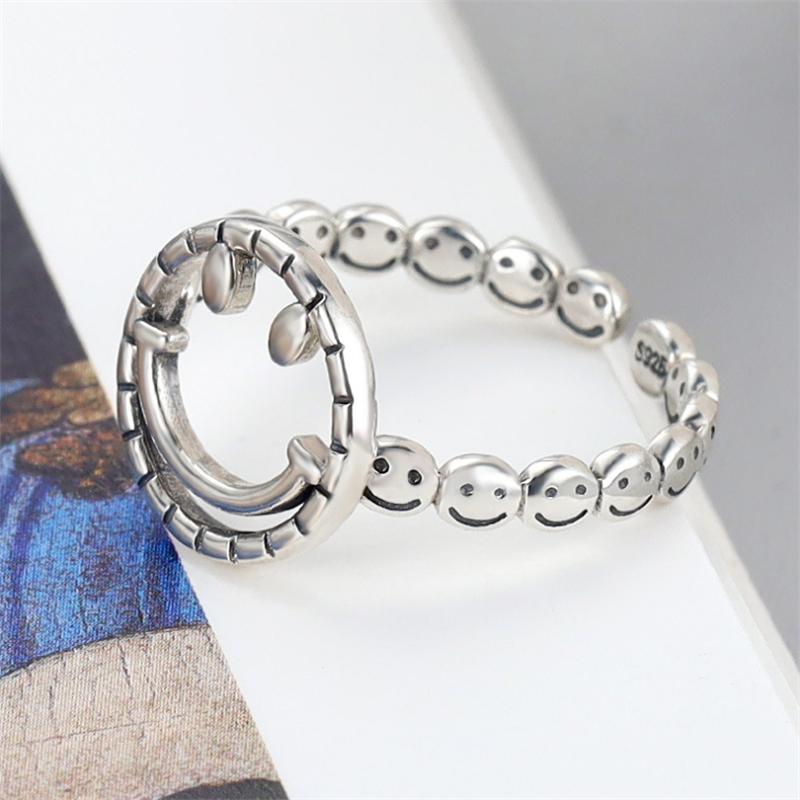 Cluster Rings Hit 2021 Vintage Style Pave Smilely Face Happy Adjustable 925 Sterling Silver Cute Funny Punk Rock Girl Women Ring-image-702992929