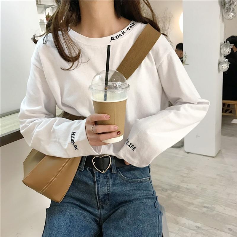 

Korean Leisure Long Sleeve Womens T Shirts O Neck Letter Embroidery Loose Simple All Match Shirt Female Ulzzang White Tees, Xian 1986
