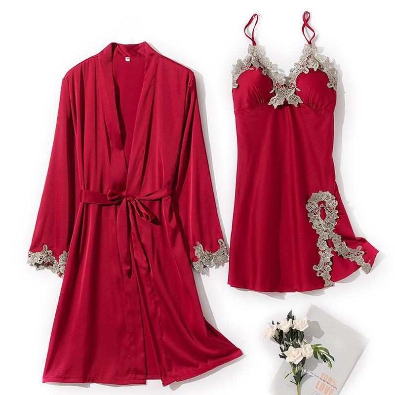 Women&#039;s Sleepwear Women Sexy Kimono Bathrobe Gown Satin 2PCS Robe Sets With Pads Intimate Lingerie Nightwear Lace Sleep Suit Pyjam-image-690550325