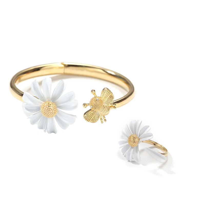 

Earrings & Necklace Classic Gold Enamel Sunflower Bee Bangle Ring Set For Women Jewelry Sets Adjustable Open Bangles Rings Copper Bijoux Acc, Silver
