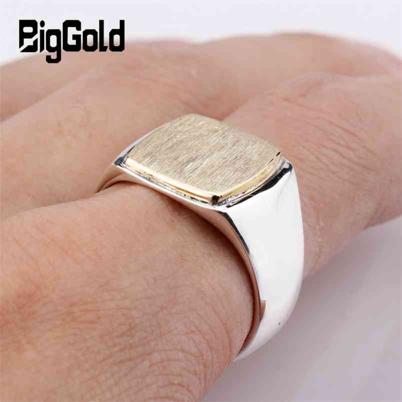 

925 Sterling Silver Signet Men Ring Simple Elegant Gold Color Square Brushed for Women Engraved Jewelry Gift 210701