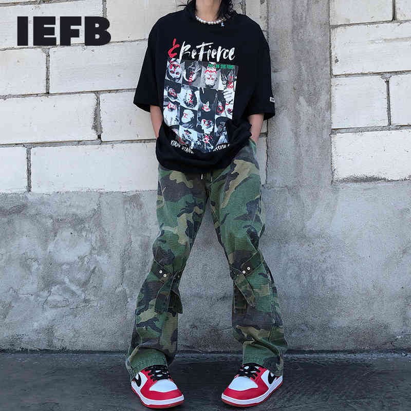 

IEFB Fashion Bandage American Camouflage Overalls Ins High Street Causal Pants Men's Drawstring Elastic Waist Trousers 210524, Black