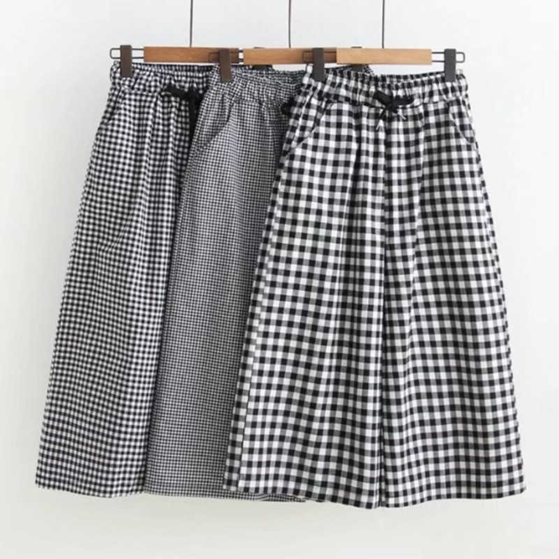 

Black And White Plaid Wide Leg Shorts Women Summer High Waisted Cotton Shorts Womens Lace Up Loose Shorts Women 210611, Big plaid